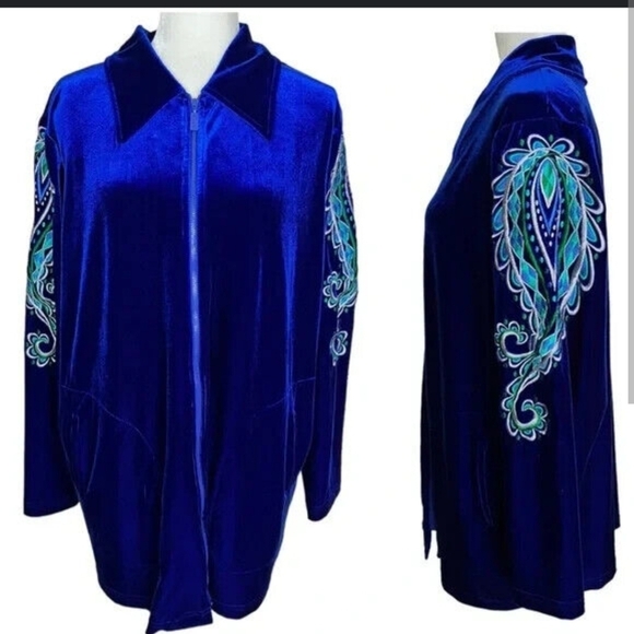 BOB MACKIE Vtg Royal Blue Velvet Peacock Whimsigoth Fairycore Zip Jacket Sz L - Picture 9 of 10